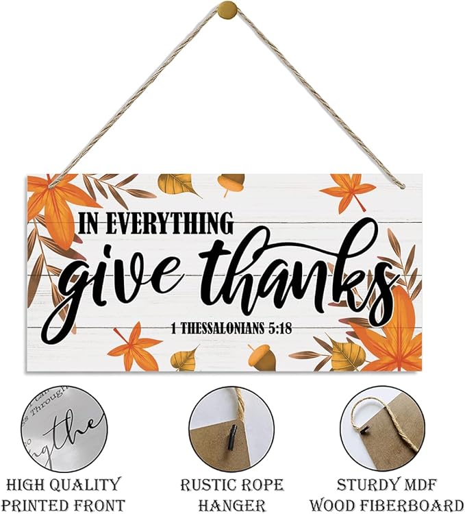 Thanksgiving Decor, Decorative Wood Hanging Wood Plaque, Scripture Decor Art, Hanging Sign with Leaves, Fall Decorations for Home, Bible Verse Sign, 1 Thessalonians 5:18 - In Everything Give Thanks