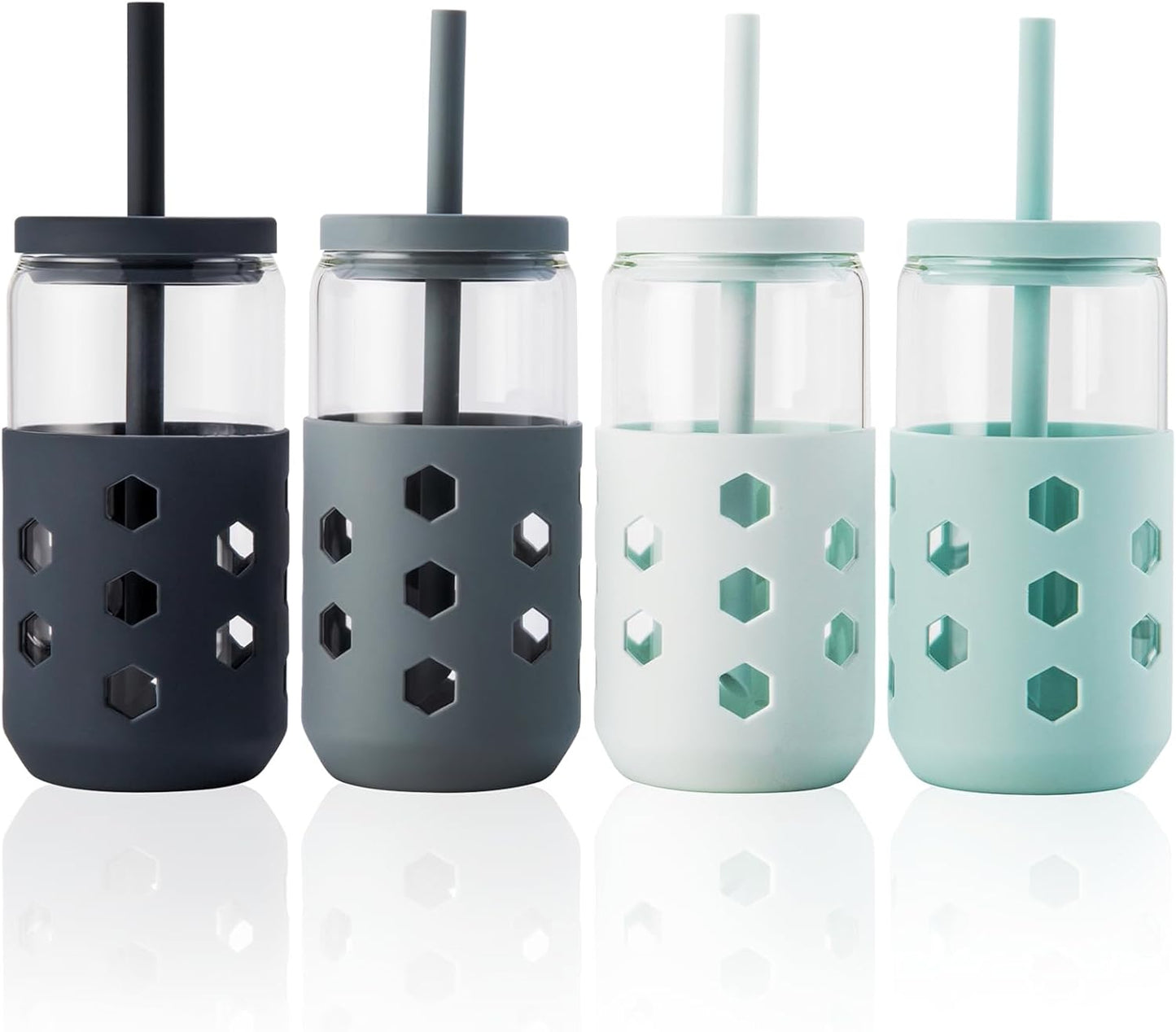 Glass Cups with Silicone Lids and Straws (4 Pcs), 16oz Drinking Glasses Set with Silicone Sleeves for Coffee Bar Accessories Iced Coffee Cups with Lids, Glass Tumbler Reusable for Gifts