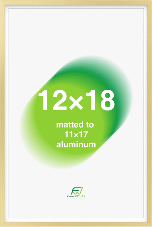 FrameWorks 12x18 Matted to 11x17 Picture Frame – Aluminum Frame w/Tempered Glass, Removable Mat for Photos, Posters, Art, Stylish Wall Frame for Home Decor, Gallery Walls, Office, Living Room - Gold