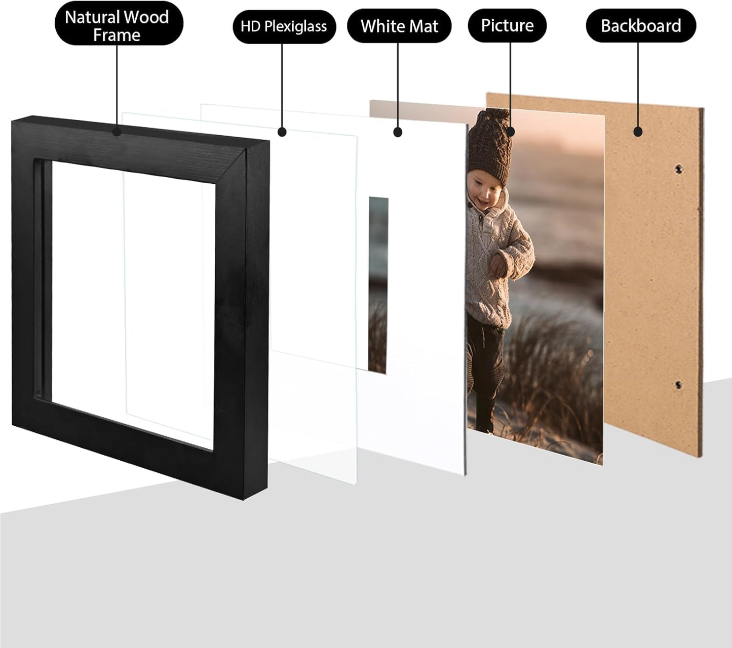 KINLINK 5x5 Picture Frame, Black Square Solid Wood Frames for Pictures 4x4 with Mat or 5x5 without Mat, Wall and Tabletop Display Photo Frames Black 4 Pack