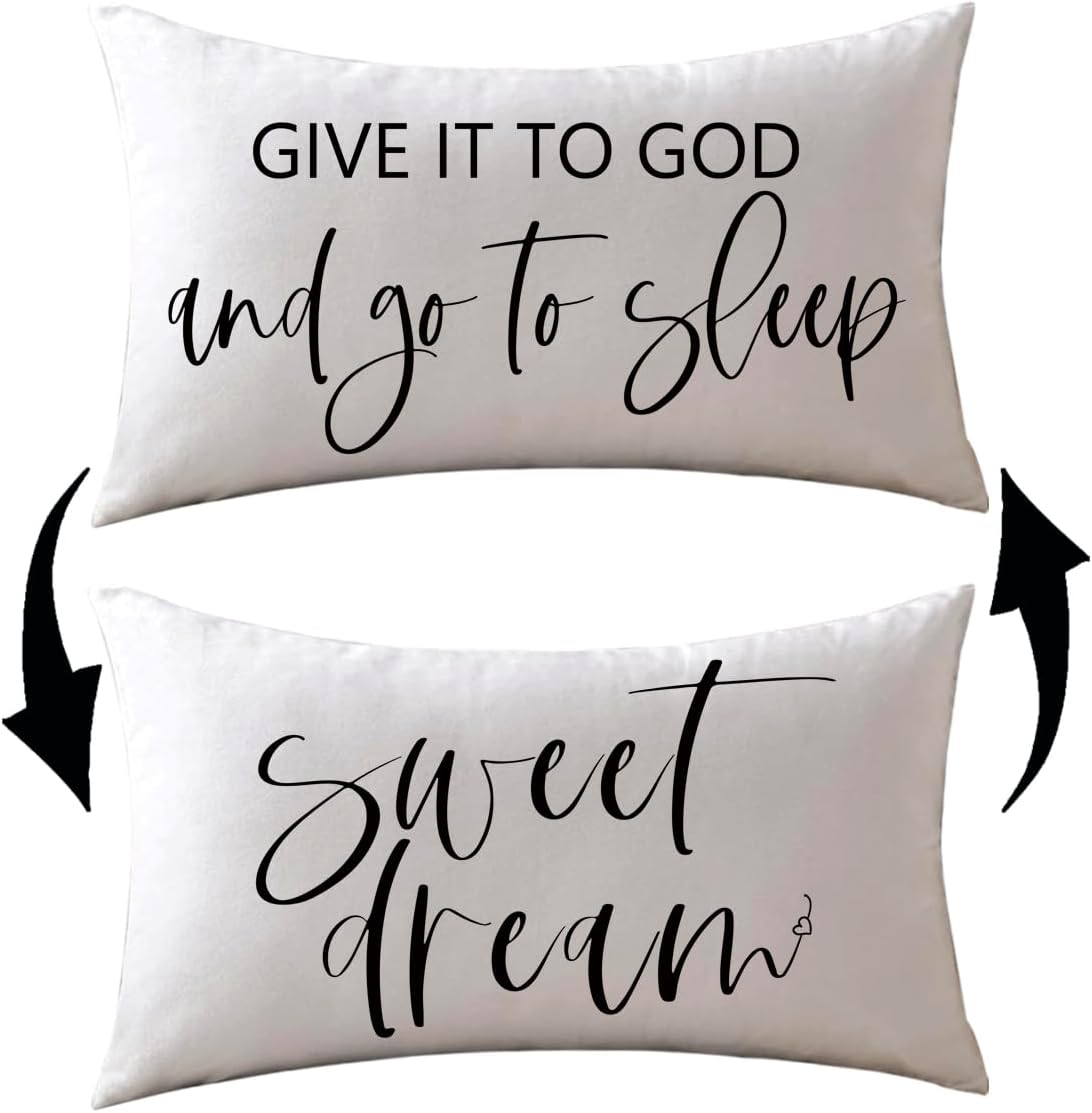 Bedding Decorative Pillowcases Reversible Give It to God and Go to Sleep Cushion Covers Sleep Themed Throw Pillow Covers 12''x20'' for Bedroom Guest Room Housewarming Gifts (White)