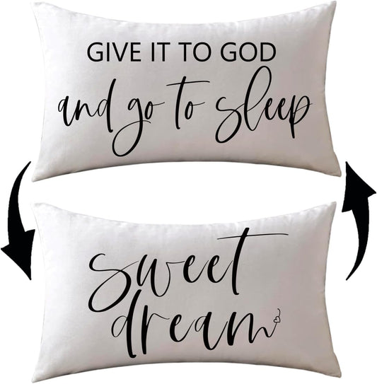 Bedding Decorative Pillowcases Reversible Give It to God and Go to Sleep Cushion Covers Sleep Themed Throw Pillow Covers 12''x20'' for Bedroom Guest Room Housewarming Gifts (White)