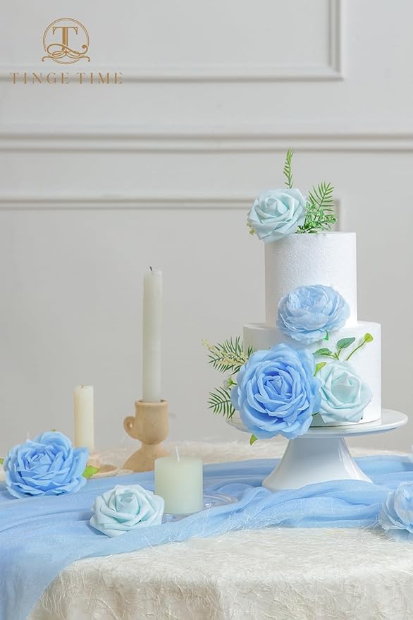 TINGE TIME Light Blue Artificial Flowers Combo Box Set Gradient Color Fake Flower Leaf with Stems for DIY Wedding Bouquets Table Centerpieces Baby Shower Home Party Floral Arrangements Decorations