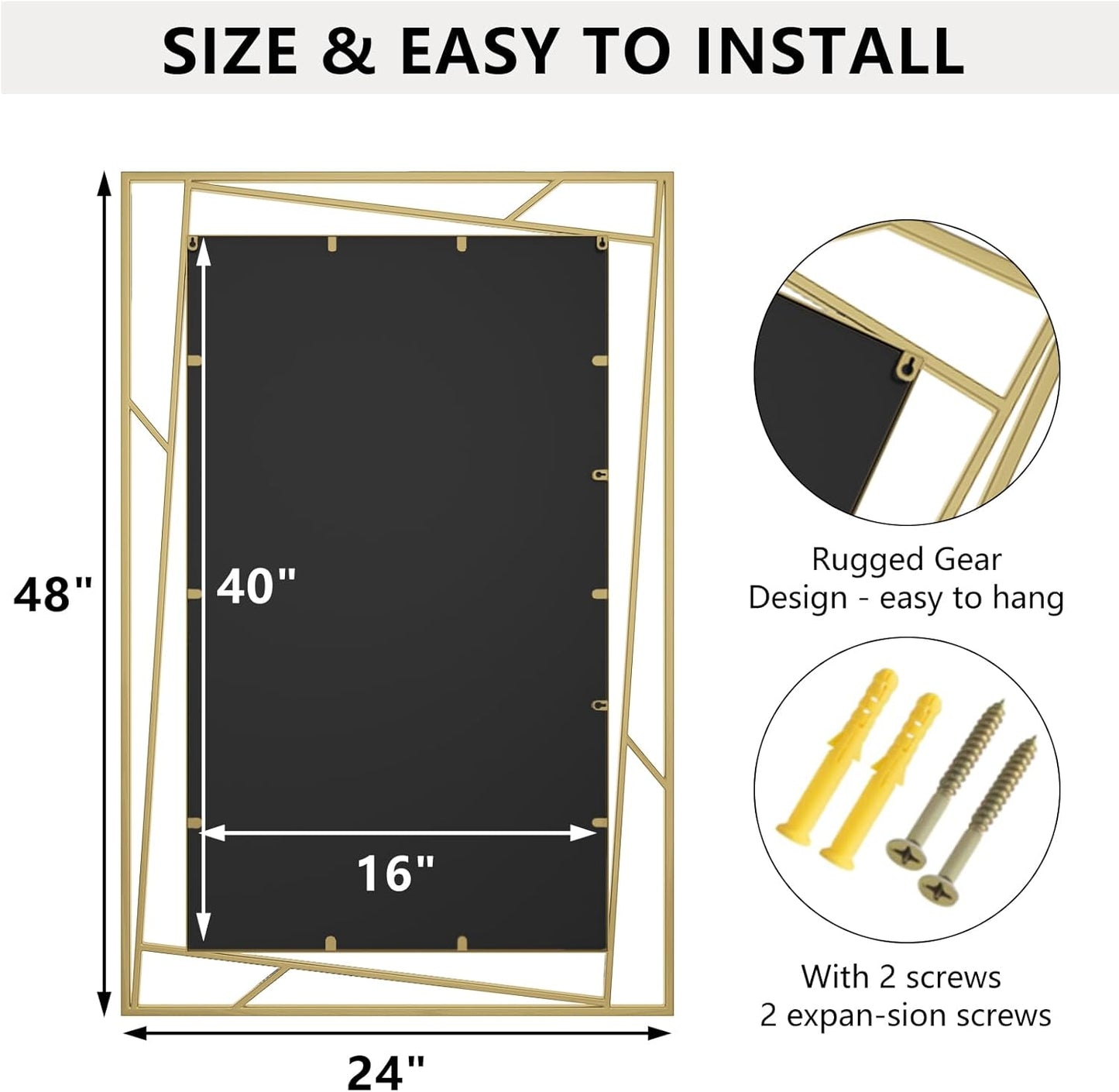Gold Mirror 48 x 24 Brushed Gold Metal Framed Bathroom Mirror, Tempered Glass, Modern Farmhouse Wall Mounted Mirror for Decorative(Horizontal/Vertical)