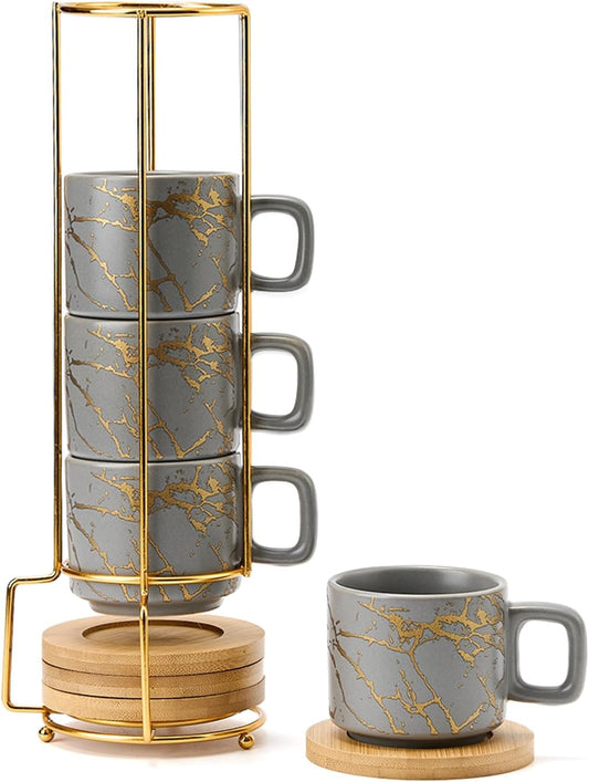 LUKA Porcelain Espresso Cup with Saucer and Metal Stand, 4 Ounce Stackable Ceramic Demitasse Espresso Mugs Cups Set for Latte, Specialty Coffee Drinks, Cafe Mocha,Tea - Set of 4, Gray