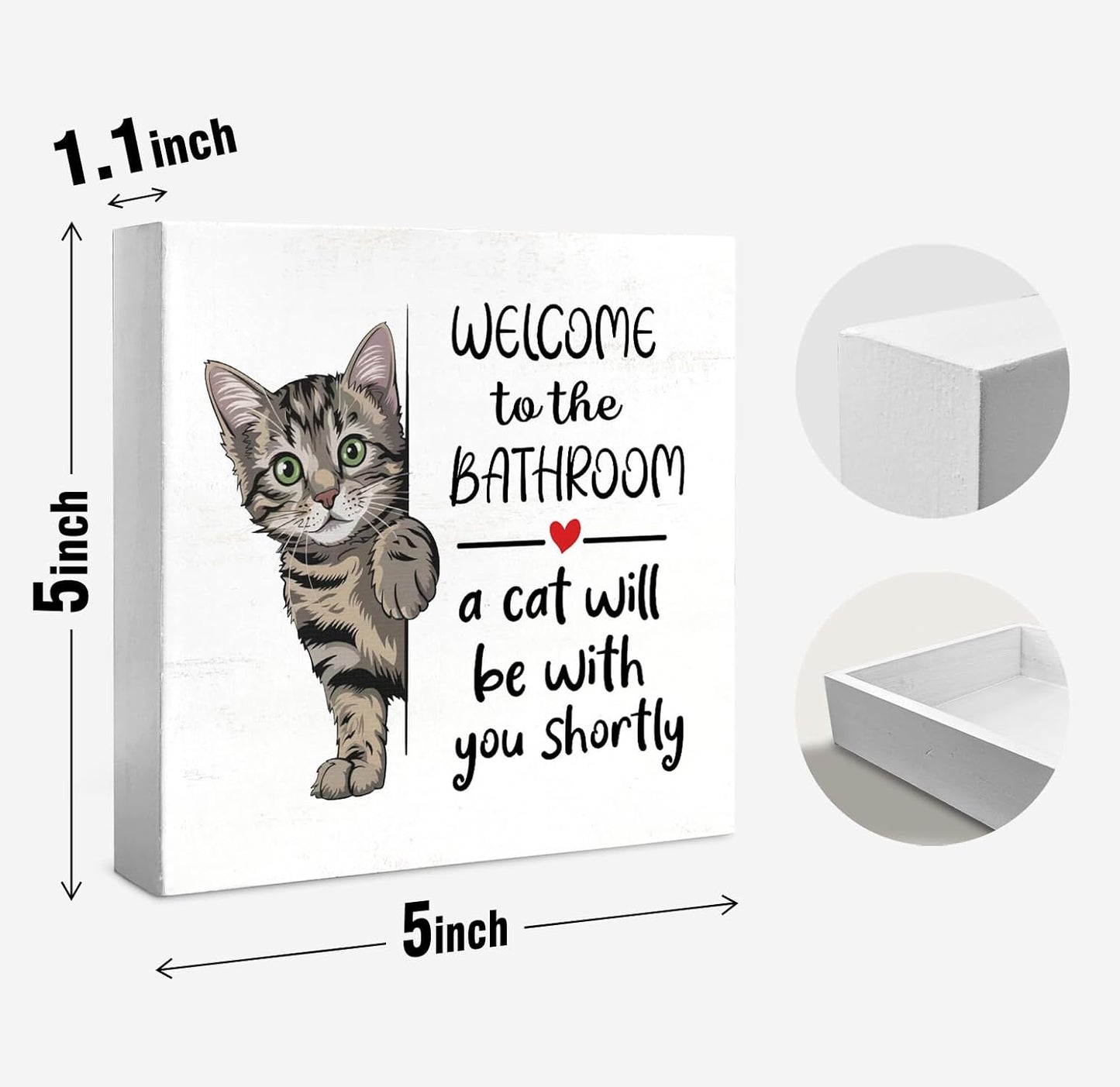 Funny Tabby Cat Bathroom Decorations Art Wall Decor Wood Box Sign, Gifts for Women Cats Lovers Tabby Cat Bath Decor, Funny Stuff, Welcome To The Bathroom A Cat Will Be With, 5x5 inch