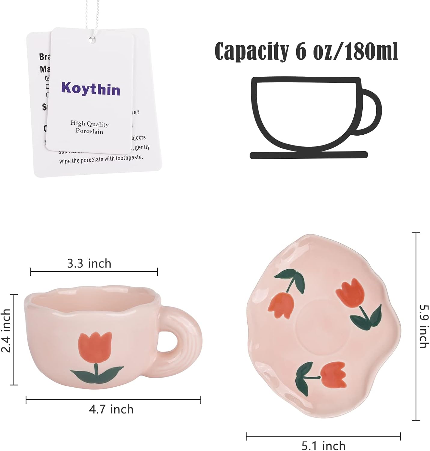 Koythin Ceramic Coffee Mug with Saucer Set, Cute Creative Cup Unique Irregular Saucer Design for Office and Home, Dishwasher and Microwave Safe, 6 oz/180 ml for Latte Tea Milk (Pink Tulips)