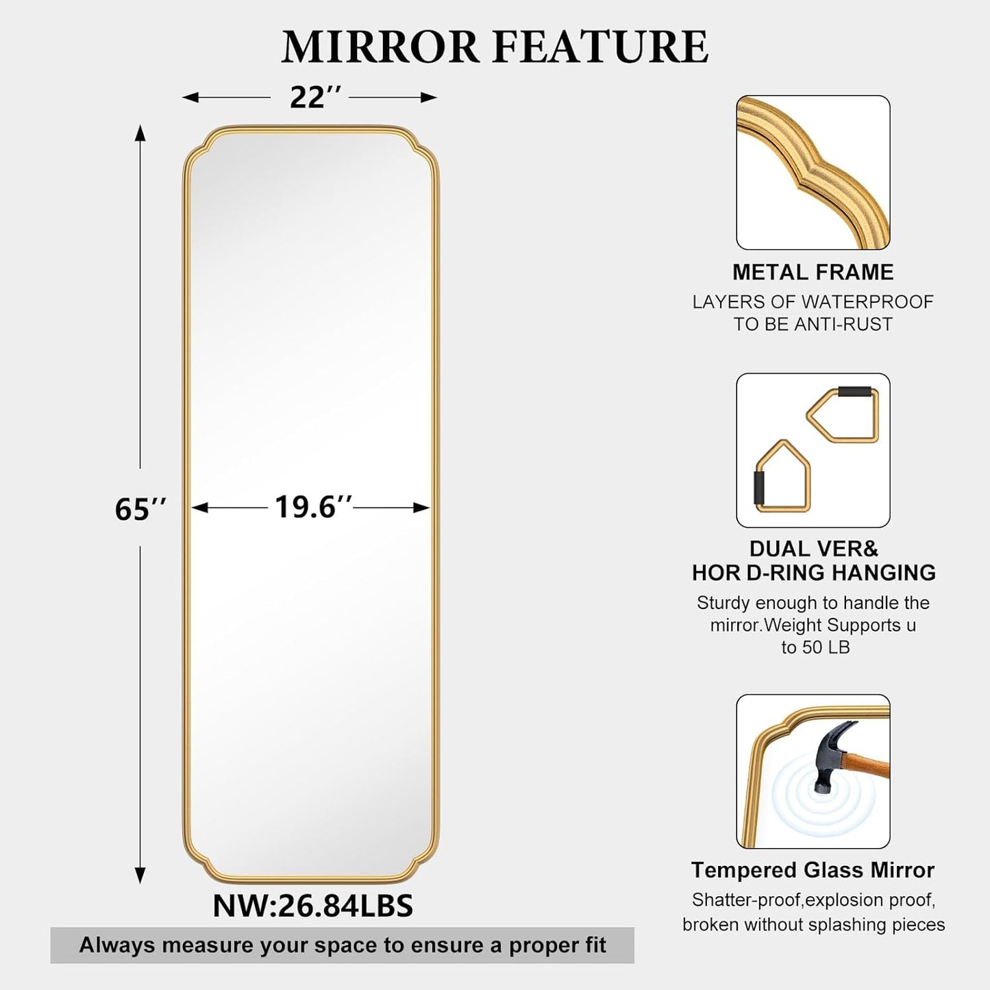 Gold Full Length Mirror with Standing, 65"x22" Rounded Corner Wall Mounted Floor Mirror Leaning Against Wall Dressing Room