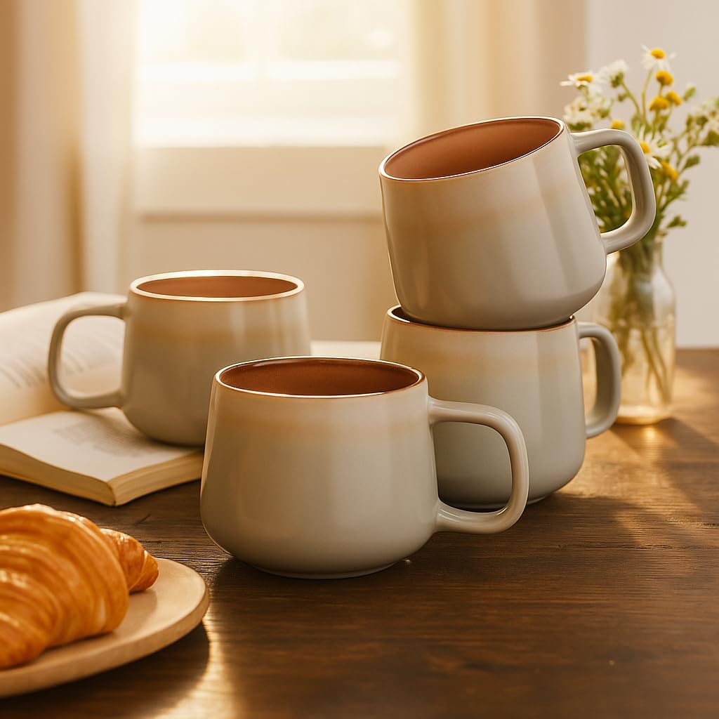 Large Ceramic Coffee Mugs Set of 4, 16 oz Stoneware Coffee Cups with Comfortable Handle for Latte, Tea, Cappuccino, Cocoa -Microwave and Dishwasher Safe - Modern Unique Aesthetic