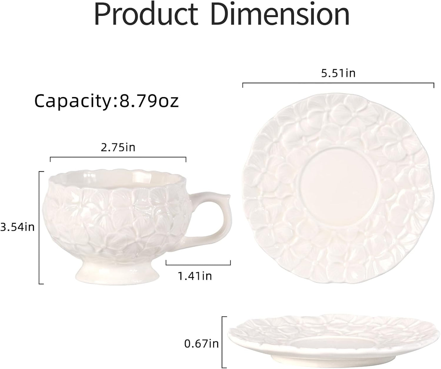 KAMMAK Tea Cups and Saucers Set of 2, Porcelain Coffee Cups, 8.5-Ounce Stackable Espresso Mugs, Ceramic Demitasse for Coffee, Latte, Americano, Tea, White Flower
