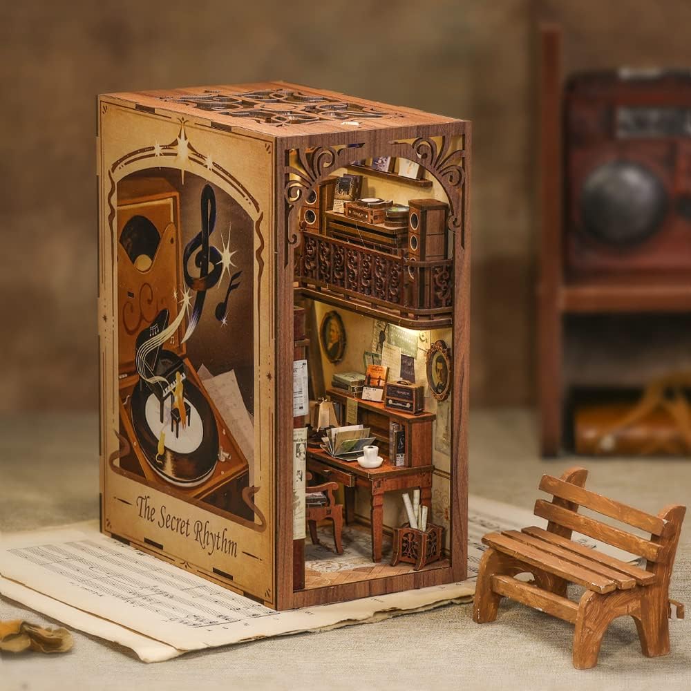 Cutefun Book Nook Kit,3D Wooden Puzzle Bookends,Miniature house kit with dust cover,Bookends Kit with LED Lights,DIY Dollhouse Bookend Tiny House for Adults,Birthday Easter Home Decor for Teens Adults