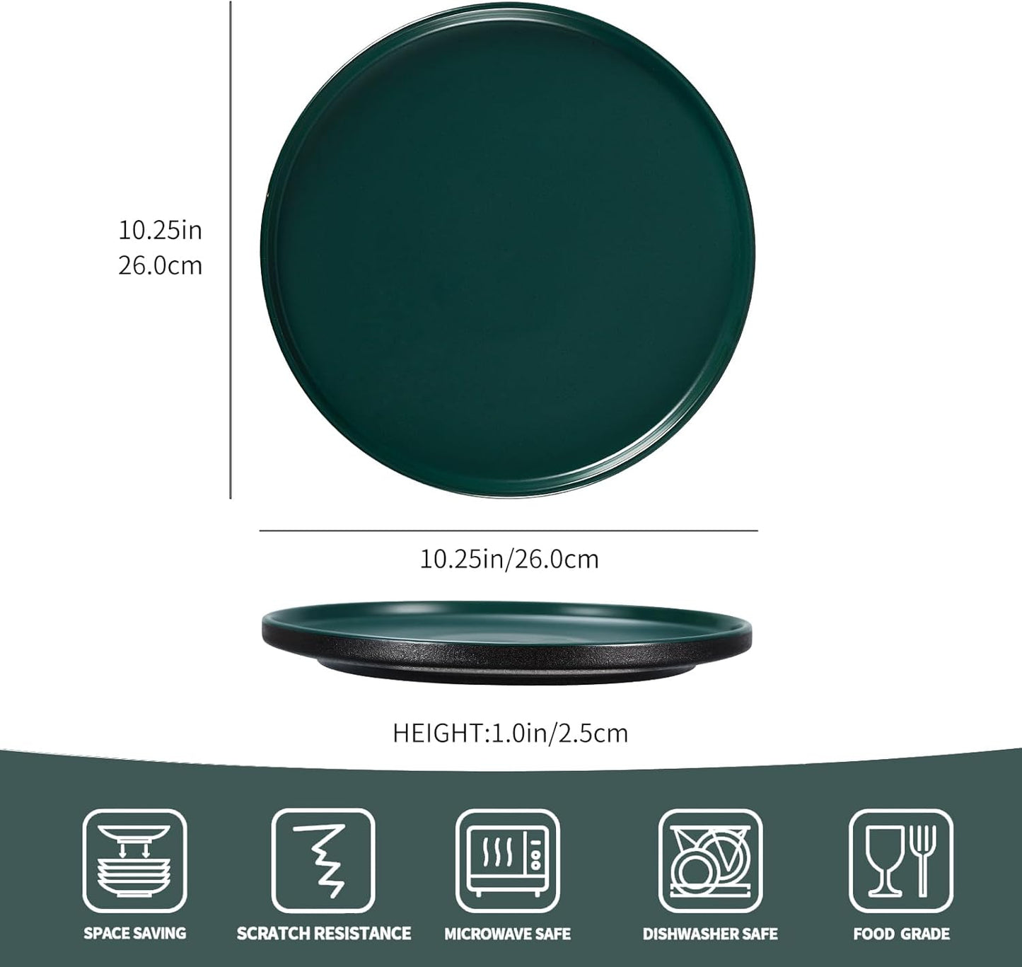 GZG Ceramic Dinner Plates Set of 4,10 Inch Stoneware plate Set,Microwave and Dishwasher Safe Kitchen Utensils,Stackable,Scratch Resistant (Dark Green)