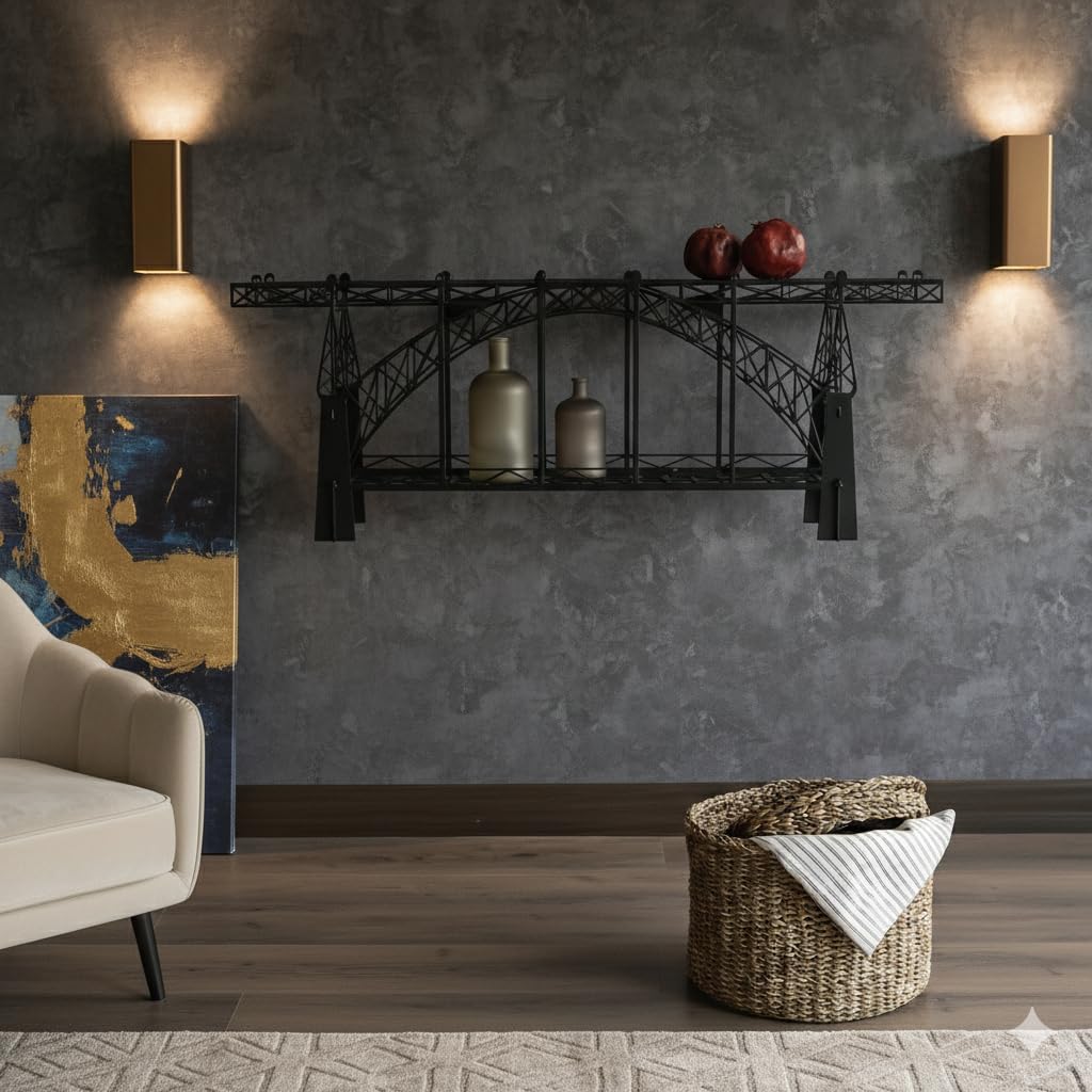 Metal Bridge Shelf – Iron Floating Shelf for Wall or Desk Use – Decorative Storage Rack for Books, Plants & Home Decor – Wall-Mounted or Tabletop Display (Dom Luis Black)