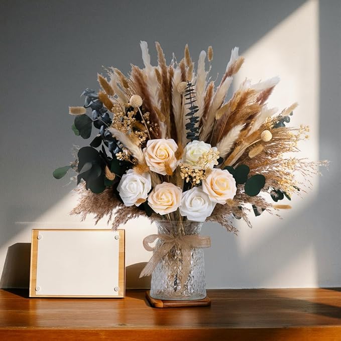 101pcs Natural Dried Pampas Grass Decor with Vase Artificial Flowers in Vase Boho Home Decor Bouquet Bunny Tails Dried Flowers, Reed Grass Bouquet for Wedding Floral Arrangements (101pcs)