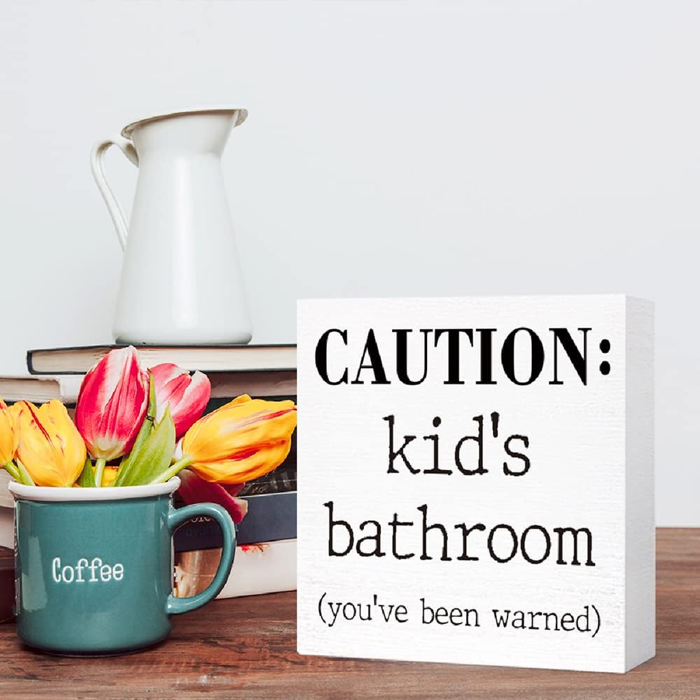 Kids Bathroom Sign Wood Block,Funny Kid's Bathroom Caution Wood Block Sign for Kid Washroom Shelf Toilet Restroom Shelves Decor 5"L x 5"W x 1.1"H
