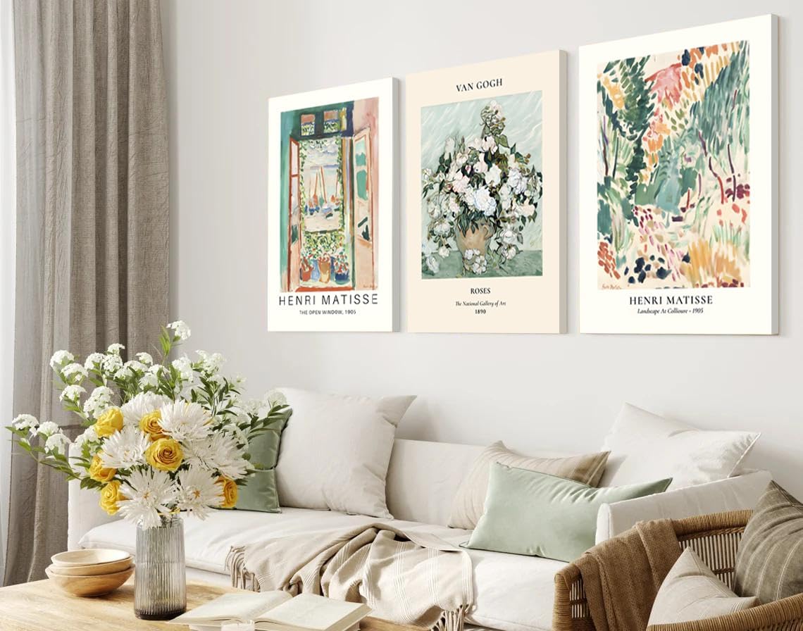 Framed Green Vintage Canvas Wall Art Set of 3 - Van Gogh Abstract Rose Pictures Wall Decor, Mid Century Modern Matisse Artwork Paintings Prints for Living Room Bedroom Bathroom 12x16 inch