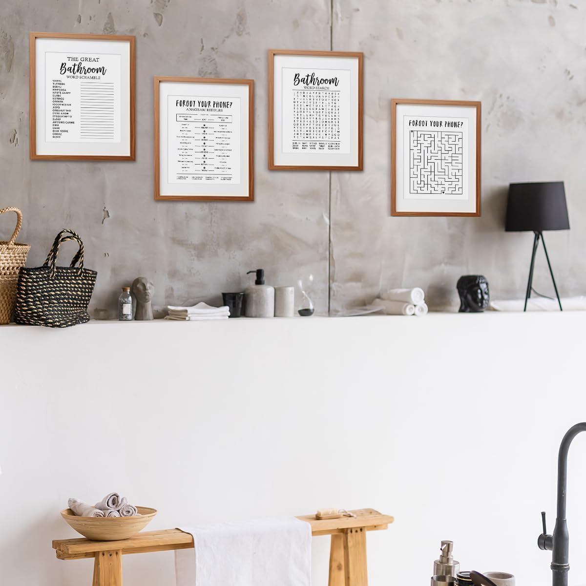 ETVISO Funny Bathroom Decor Wall Art Set of 4, Funny Crossword Puzzle Wall Art, Funny Forget Your Phone, Bathroom Word Search Wall Decor, 8x10 (Unframed)