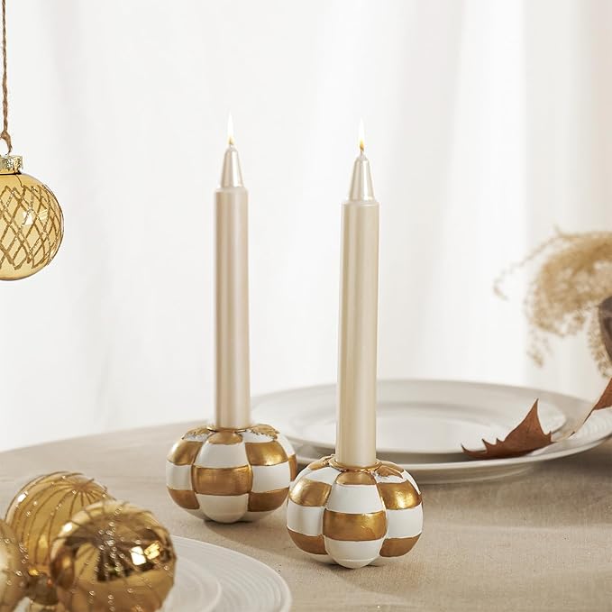 WDS WONDROUS Fall Pumpkin Candle Holder Set White & Gold Thanksgiving Decorations Halloween – 2PCS Checkered Pumpkin Candlestick Holders Decor – Taper Candle Holders, Autumn Table Centerpieces Decor
