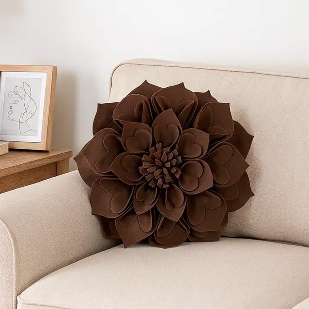 Fennco Styles Handmade 3D Heart-Shaped Petals Flower Decorative Throw Pillow Cover Only - 13" Round Chocolate Floral Pillow Case for Couch, Home Décor and Holiday, Housewarming Gift