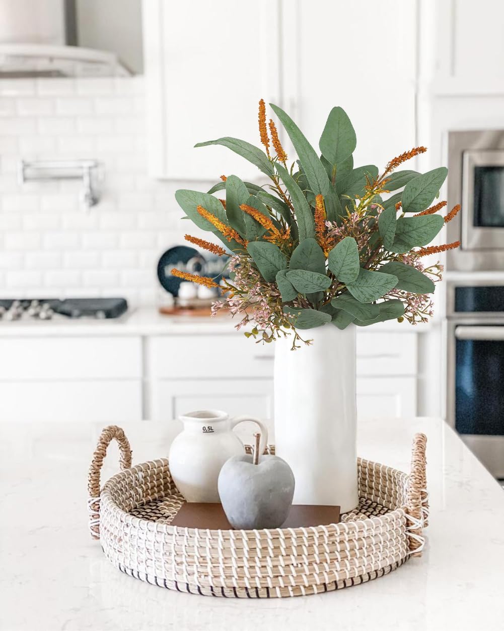 Fall Artificial Eucalyptus Bouquet with Orange Sage Leaves – Autumn Faux Greenery Bush with Raffia Wrap for Farmhouse, Kitchen, Table, and Seasonal Home Décor