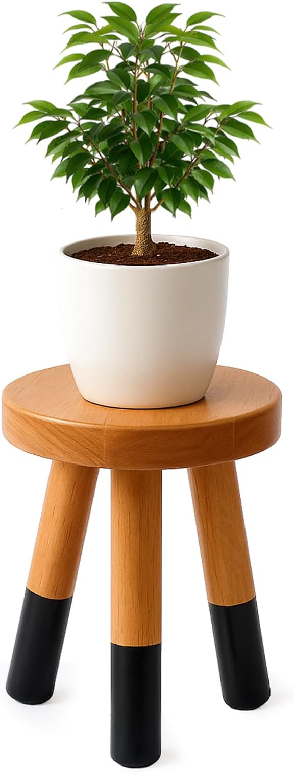 Rubber Wood 9" Round Plant Stand |Dip Dyed Black Stool, Wood Riser |Milking Stool (12" H)