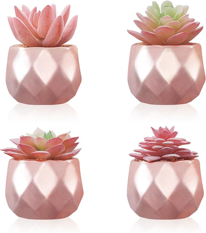 Tiita 4 Pack Artificial Faux Succulents in Pots, Mini Rose Gold Fake Plants for Women Desk, Small Realistic Faux Succulents for Home Office Accessories Window Sill Bathroom Bedroom, Rose Gold