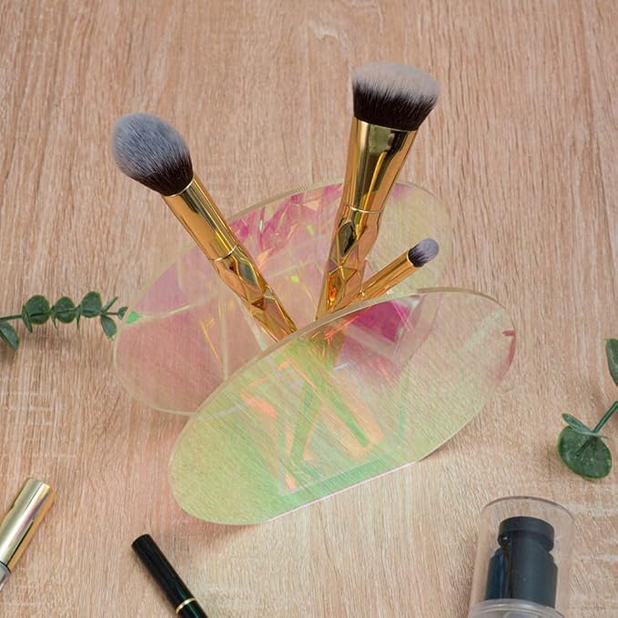 Iridescent Acrylic Vase for Artificial Flower Fake Eucalyptus Plant Leaves Office Home Decor Contemporary Tabletop Minimalist Geometric Mini Decoration Make Up Brushes Organizer Holder（RainbowRound）