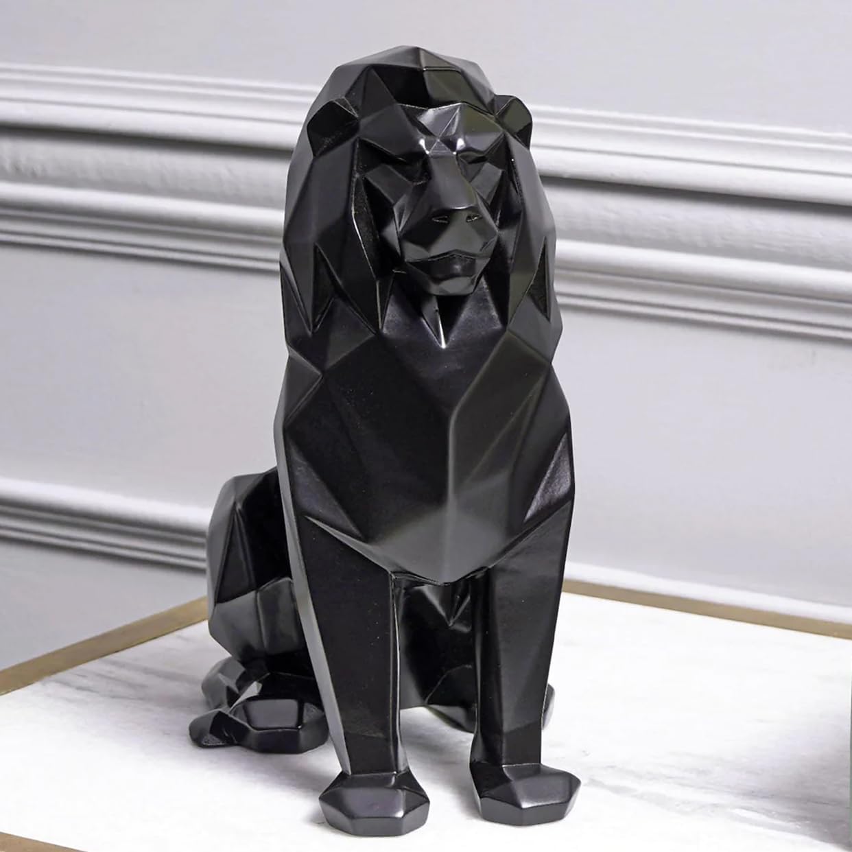 Black Lion Statue for Home Decor Geometric Style Sitting Black Lion Figurine Home Decorative Showpiece, Lion Idol for Office Decoration, Handmade Animal Statue Resin, Size 7.67 inch