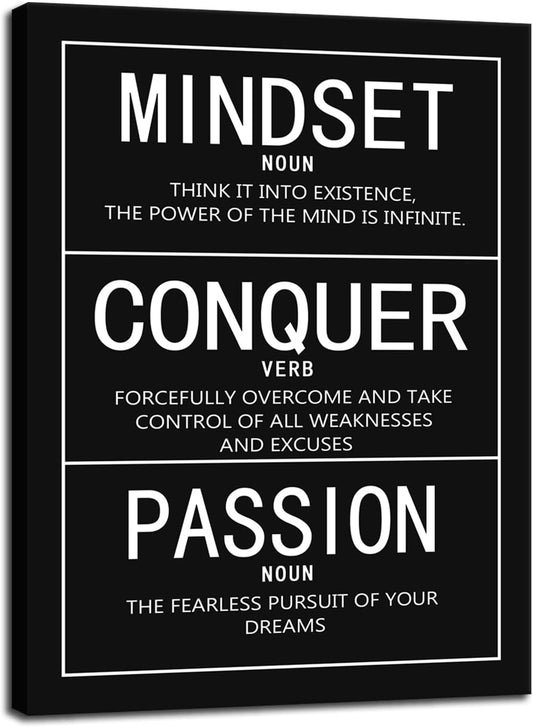 Mindset Noun Conquer Verb Passion Noun Canvas Wall Art Inspirational Quotes Poster and Print Motivational Picture Artwork for Living Room Office Home Decor Framed Ready to Hang [30"W X 40"H]