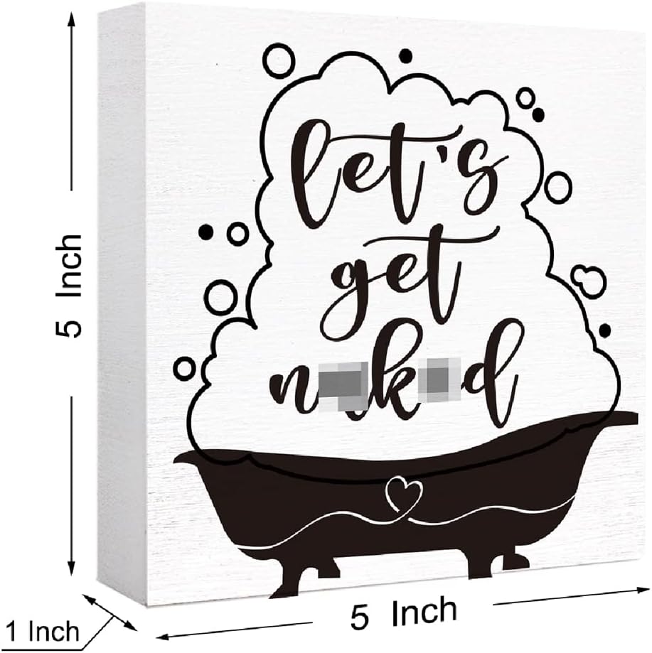 Funny Wood Block Sign 'Let's Get Naked' for Bathroom Shelf, Toilet, Restroom - Farmhouse Wooden Box Sign for Home Tabletop Desk Decor