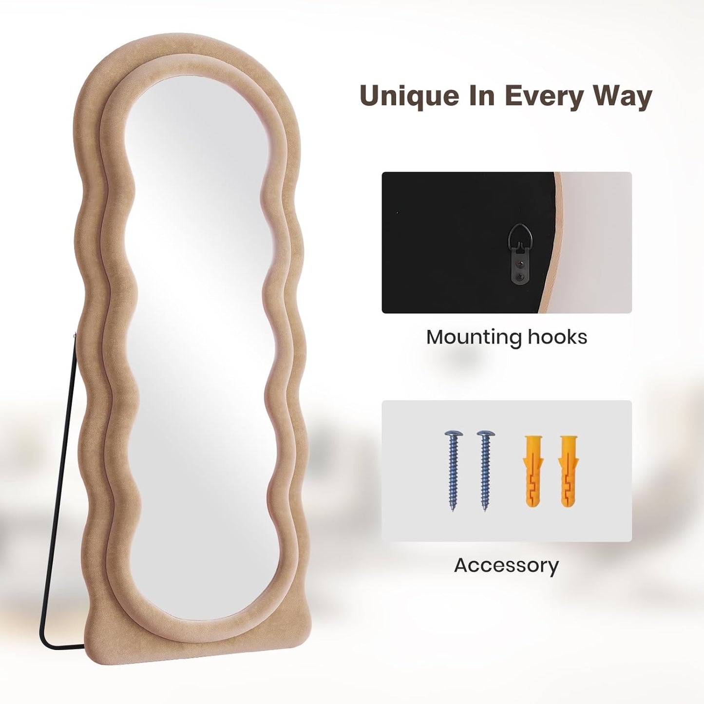 Full Length Mirror 63"x24" Arched Wavy Full Body Wall Mounted Floor Mirror with Stand Milk Tea Flannel Frame Leaning Hanging Wall Mirror for Bedroom Entrance Hallway