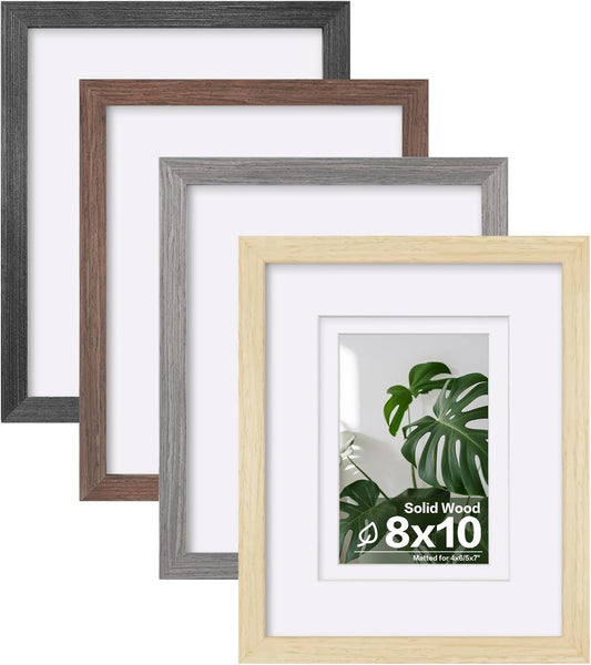 Egofine 8x10 Picture Frame Set of 4, Made of Solid Wood Multicolor Photo Frames Covered by Plexiglass 4x6 and 5x7 with Mat or 8x10 without Mat, for Table Top Display and Wall Mounting Mixed Colors