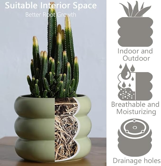 4.7 Inch Modern Plant Pot Green Ceramic Glaze Succulent Planters for Indoor Unique Pots, Planter with Drainage Holes Small Bubble Porcelain for Herb Snake Plants