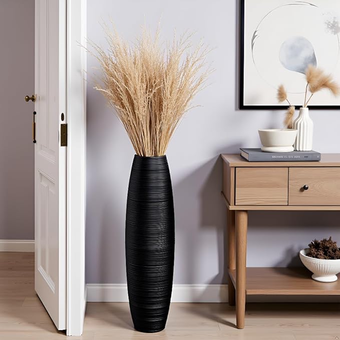 Tall Floor Vase, 27.5 inches (70cm, 2.3FT) Floor Vase Sturdy, Luxury, Textured for Decorative Branches Dried Flowers, Tall Vases for Rustic Living Room, Home Decor, Resin Black Vases