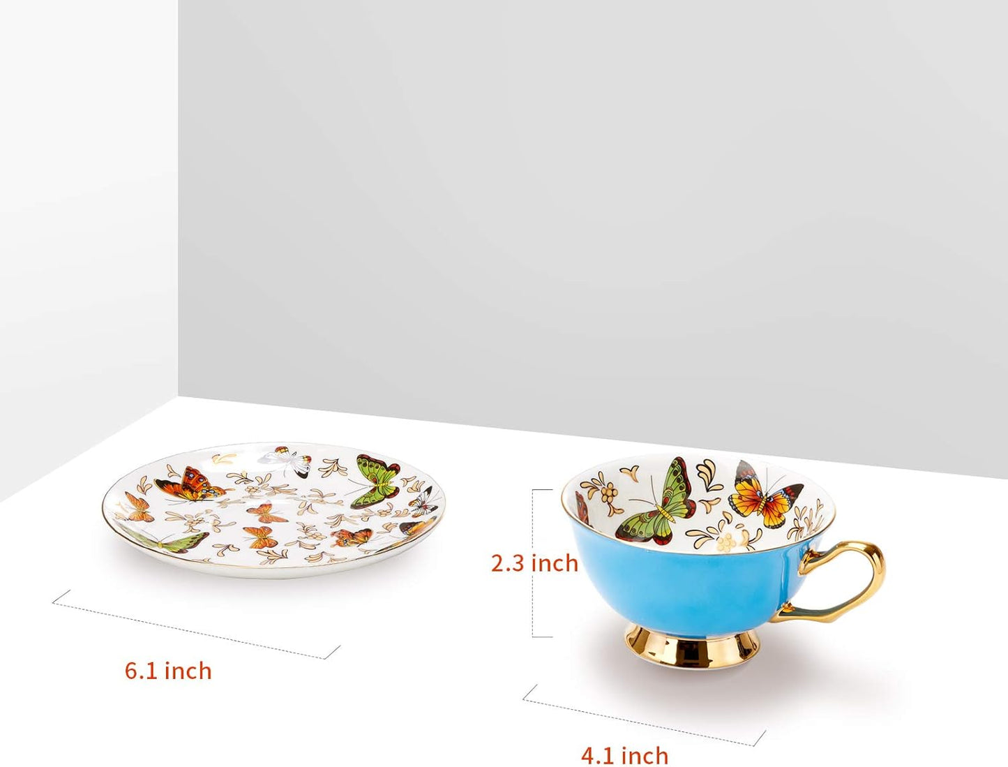 LURRIER Coffee Cup Mug with Saucer for Latte, Cappuccino Tea with Butterflies 6.8 Oz Fine Bone China, Dishwasher Safe, Reactive Glaze, 1 Pcs