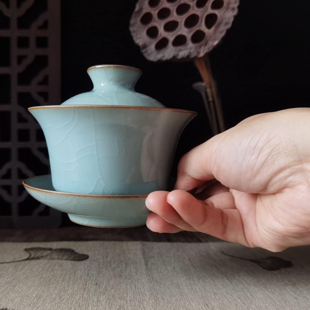 Gaiwan Kung Fu Teacups with Lid 5-Ounce Teacup and Saucer Set Glazed Crack Porcelain Chinese Celadon(Grey Grack)