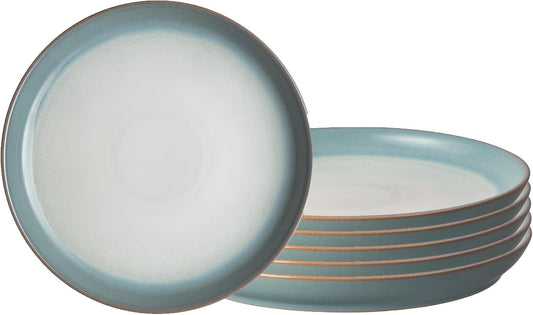Denby - Azure Haze Coupe Dinner Plates Set of 6-10.25 Inch - Dishwasher Microwave Oven Safe - Reactive Blue Teal Glaze Large Ceramic Stoneware Plates - Scratch Chip Resistant