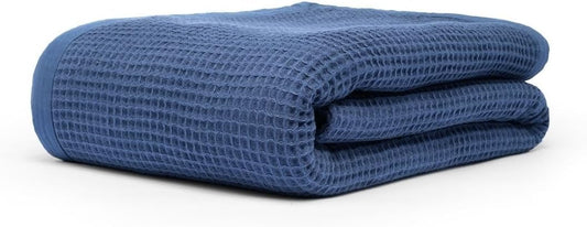 GOTS Certified Organic Cotton Waffle Weave Blanket, Queen Bed Size, 90"X90"Cozy Throw Blanket for Couch, Modern Home Decor Throw Blankets,Comfy Waffle Blanket Soft Bed Blankets -Navy Blue