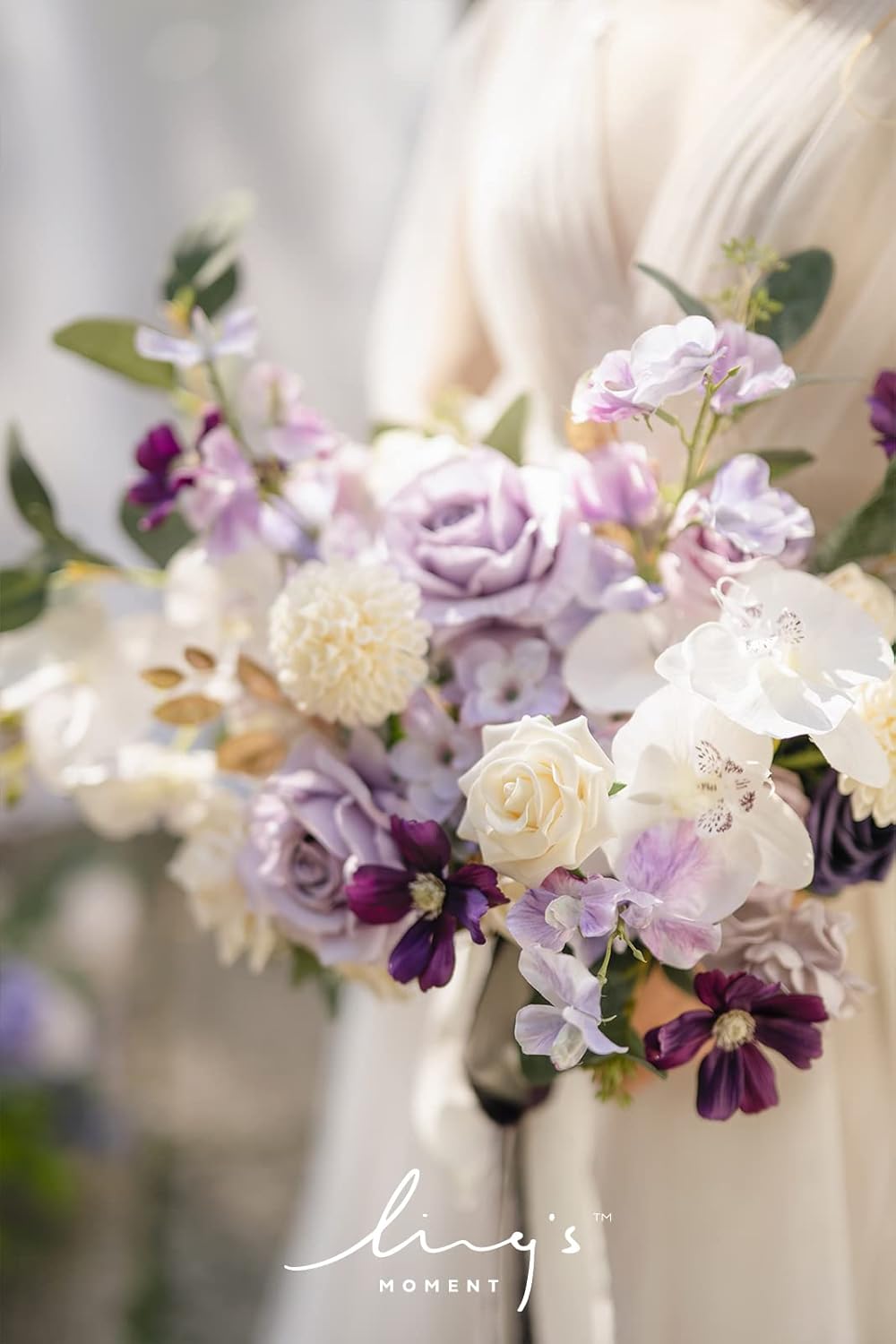 Ling's moment Purple Bridal Bouquet, 15 Inch Lilac Wedding Bouquets for Bride, Silk Free Form Bridal Bouquets for Wedding, Ceremony, Anniversary, etc.