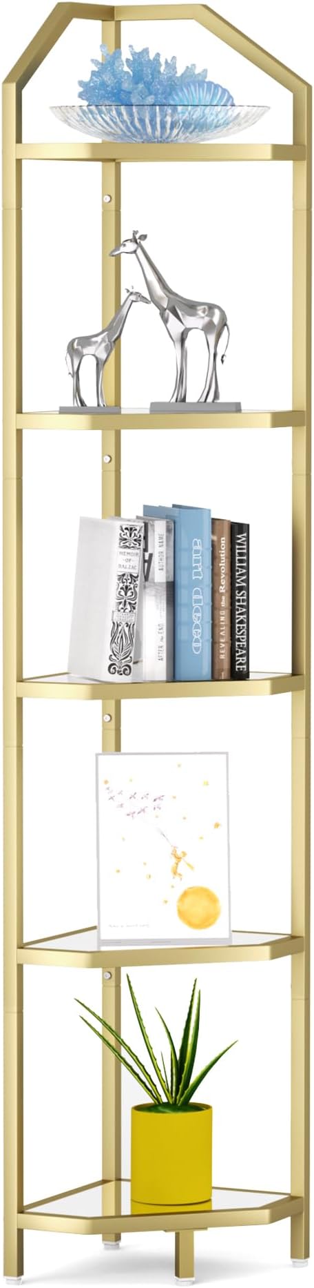 5-Tier Corner Shelf Stand, Gold Corner Bookshelf, Bathroom Storage Rack Shelf, Plant Rack, Tempered Glass, Steel Frame, Modern Style for Living Room, Bathroom, Kitchen, Metallic Gold