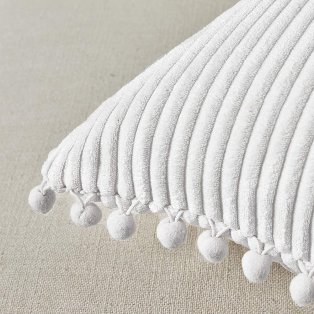 Fancy Homi Pack of 2 Soft Corduroy Decorative Throw Pillow Covers with Pom-poms, Solid Square Cushion Cases Set for Couch Sofa Bedroom Car (16x16 Inch/40 x 40 cm, Pure White)