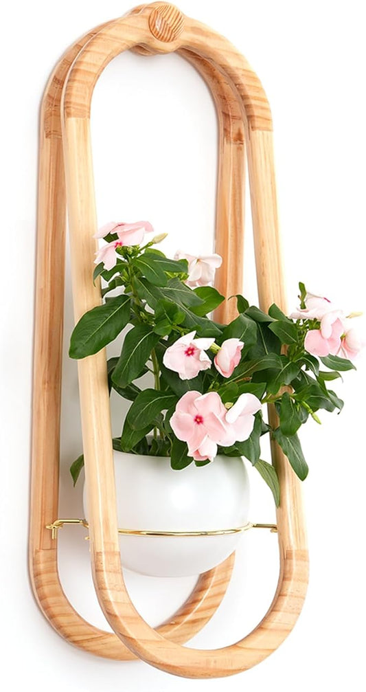 Wooden Wall Planters for Indoor with Ceramic Pot - Modern Hanging Plant stand Shelf for Indoor Plants, Wall Mounted Plant Holder for Living Room, Bedroom, Wall Decor - Raw Wood Color (Set of 1)