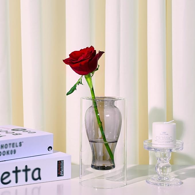 ZENS Unique Smokey Small Flower Vase, Modern Floating Decorative Vase, Double Hollow Cool Glass Hand Blown Bud Vase for Home Small Bouquet, Wedding Centerpieces