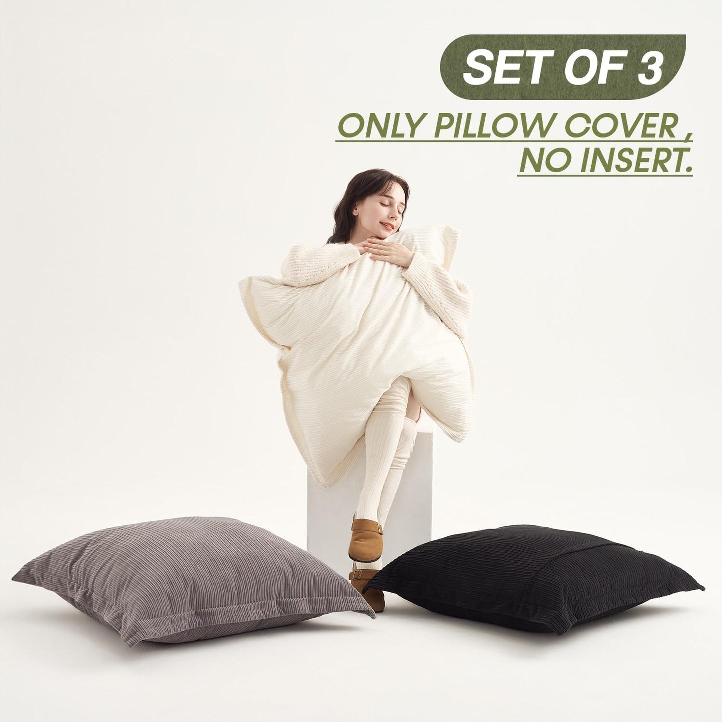 Extra Large Vintage Style Pillow Covers 26x26inch- Set of 3, Elegant Black, White & Grey | Soft Corduroy | Machine Washable | Perfect for Oversized Couch, Bed & Retro Home Decor