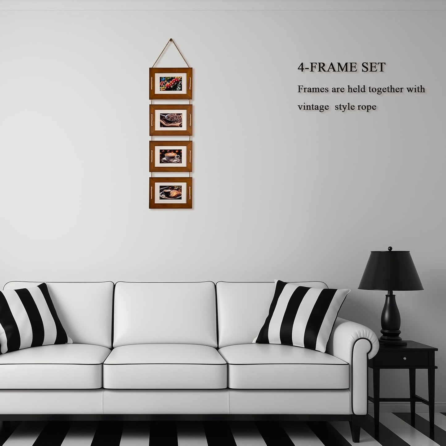 DLQuarts 5x7 Hanging Collage Picture Frames Wall Decor, 4-Opening 5x7 Matted to 3.5x5 Photo Rustic Wood Frame with Hemp Rope, 1 Pack, Dark Walnut