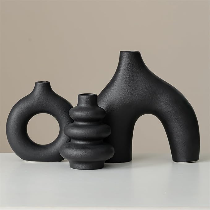 White Ceramic Vases Set of 3, Minimalist Nordic Modern Style, Round Donut Vase for Dried Flowers, Pampas Grass & Fresh Blooms,Boho Home Decor for Table Shelf Living Room Office (Black)