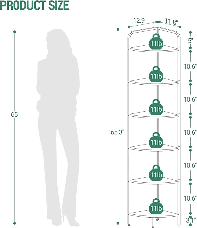 Corner Shelf Stand, Corner Bookshelf, Plant Shelf, Corner Display Rack, Standing Shelf with Metal Frame for Living Room, Bathroom, Kitchen, Industrial Style, 6 Tier Rustic Brown CS06601B