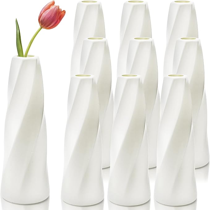 10 Pack White Flower Vases Bulk, 8" Modern Style Vases, Composite Plastic Unbreakable Bud Vase, Tall Conic Floral Vase for Centerpieces Bouquet Home Decor Wedding Party Dinner Table