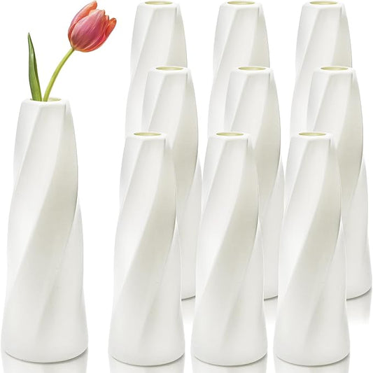 10 Pack White Flower Vases Bulk, 8" Modern Style Vases, Composite Plastic Unbreakable Bud Vase, Tall Conic Floral Vase for Centerpieces Bouquet Home Decor Wedding Party Dinner Table