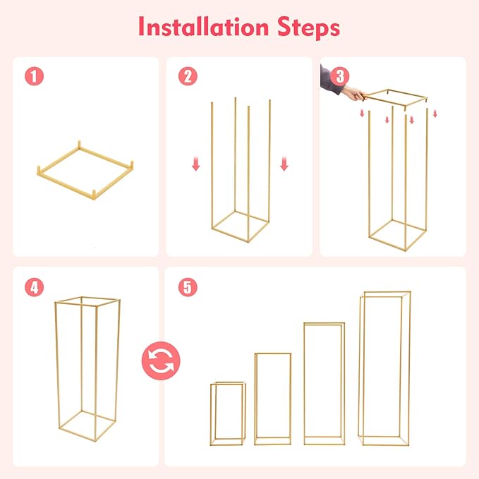 4 Pcs Metal Flower Stand for Wedding Centerpieces Stand Column Vases Wedding Flower Stand Rectangular Geometric Gold Centerpieces Stands for Wedding Decorations Home Party Event (4Pcs)